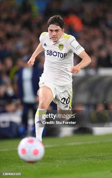 Leeds player Daniel James in action during the Premier League match between Leeds United and Aston Villa at Elland Road on March 10, 2022 in Leeds,...