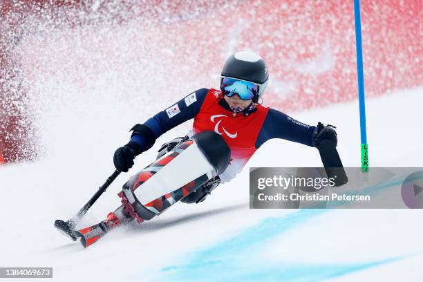 Momoka Muraoka of Team Japan competes in the Women's Giant Slalom Sitting during day seven of the Beijing 2022 Winter Paralympics at Yanqing National...