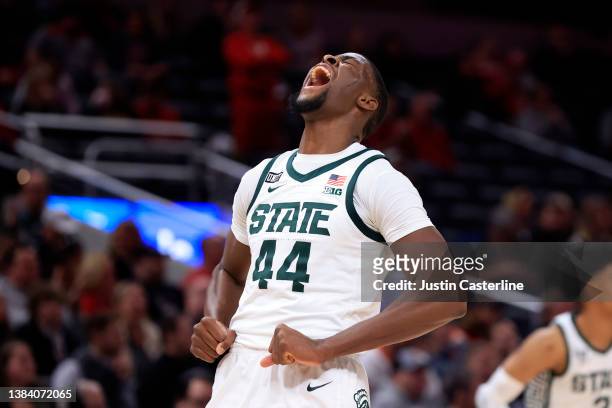 Gabe Brown of the Michigan State Spartans reacts after a play in the game against the Maryland Terrapins during the first half during the Big Ten...