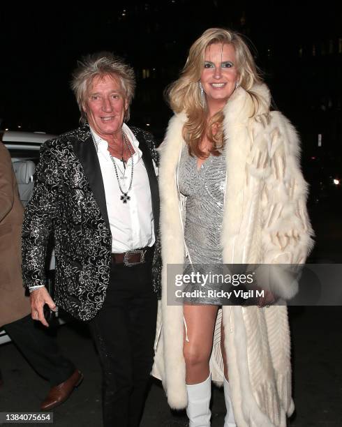 Sir Rod Stewart and Penny Lancaster seen attending Annabel's 4th anniversary party on March 10, 2022 in London, England.