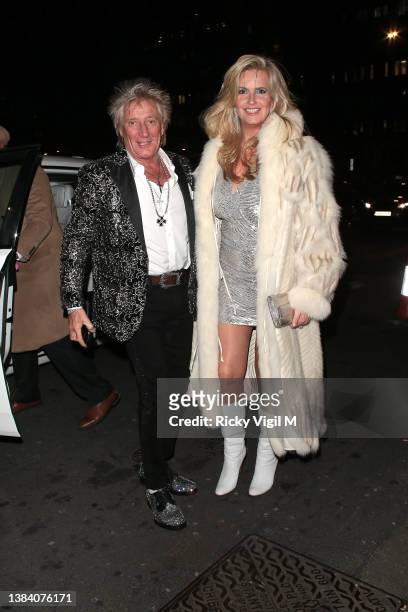 Sir Rod Stewart and Penny Lancaster seen attending Annabel's 4th anniversary party on March 10, 2022 in London, England.
