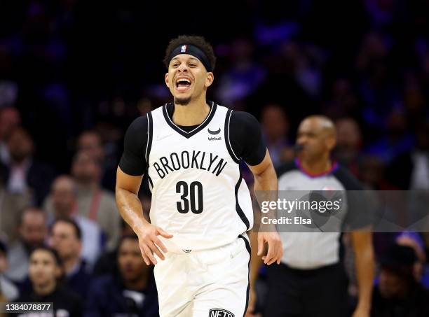 Seth Curry of the Brooklyn Nets reacts after his three point shot in the first half against the Philadelphia 76ers at Wells Fargo Center on March 10,...