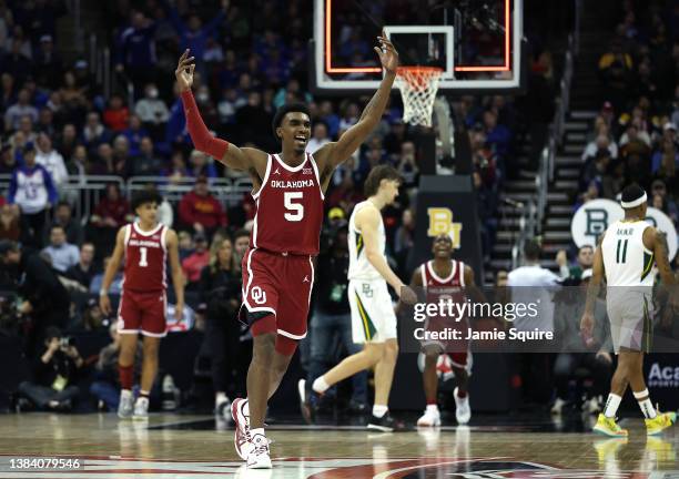 Marvin Johnson of the Oklahoma Sooners celebrates as the Sooners defeat the Baylor Bears to win their first round game of the 2022 Phillips 66 Big 12...