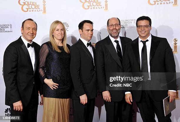 68th ANNUAL GOLDEN GLOBE AWARDS -- Pictured: Producers Kevin Spacey, Cean Chaffin, David Brunetti, Scott Rudin and Micahel DeLuca winners of Best...