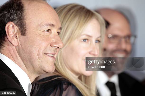 68th ANNUAL GOLDEN GLOBE AWARDS -- Pictured: Winner of Best Motion Picture - Drama for "The Social Network" Kevin Spacey, producer Cean Chaffin in...