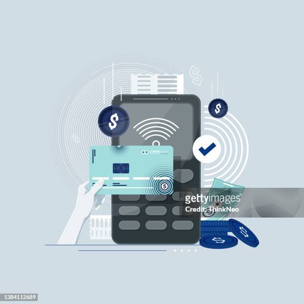 stockillustraties, clipart, cartoons en iconen met mobile with electronic invoice. online payment concept. internet payments by card, net banking and e-wallets and payment receipt - balance sheet