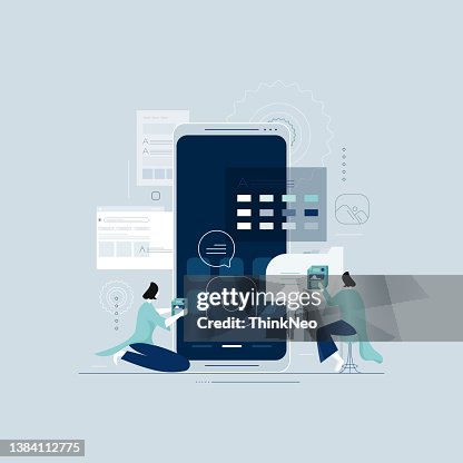 Mobile application development Concept Illustration, designer and developer Using Big Screen With Site Building Tools. Mobile application development Concept Illustration, designer and developer Using Big Screen With Site Building Tools.