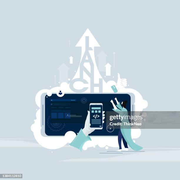 mobile app launching vector, modern startup concept illustration, creative idea booster - help desk 3d stock illustrations