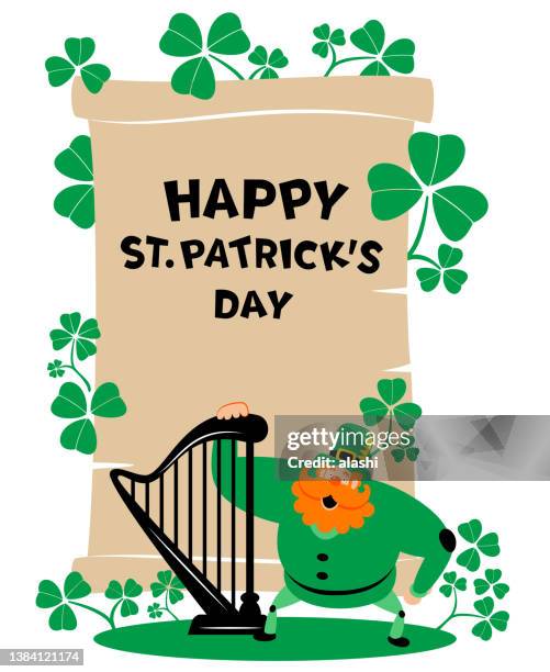 the mysterious leprechaun is playing the harp and unrolling a medieval paper scroll that has a "happy st. patrick's day" handwriting text - music shop stock illustrations