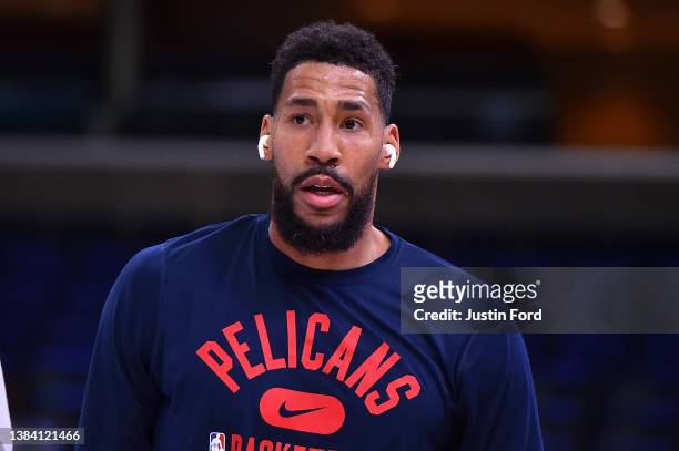 Garrett Temple of the New Orleans Pelicans warms up before the game against the Memphis Grizzlies at FedExForum on March 08, 2022 in Memphis,...