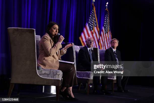 Rep. Sara Jacobs speaks as Secretary of Homeland Security Alejandro Mayorkas and former U.S. Ambassador to Russia Michael McFaul listen during a...