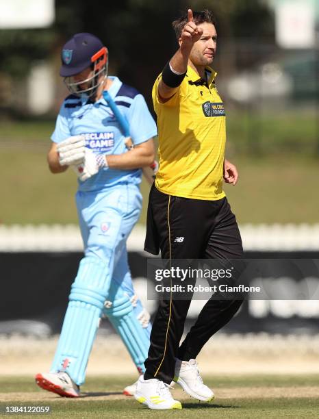 Andrew Tye of Western Australia celebrates taking the wicket of Kurtis Patterson of NSW during the Marsh One Day Cup match between New South Wales...