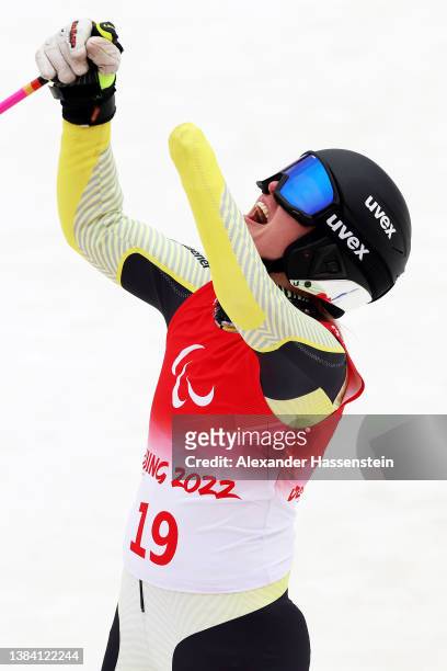 Andrea Rothfuss of Team Germany reacts after competing in the Women's Giant Slalom Standing during day seven of the Beijing 2022 Winter Paralympics...
