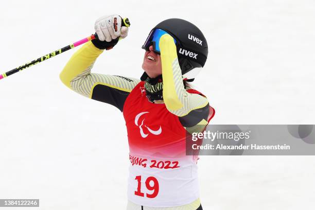 Andrea Rothfuss of Team Germany reacts after competing in the Women's Giant Slalom Standing during day seven of the Beijing 2022 Winter Paralympics...