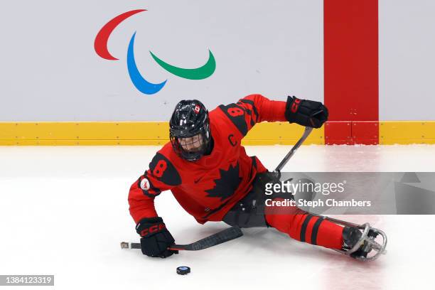 Tyler McGregor of Team Canada controls the puck in the second period against Team South Korea during the Para Ice Hockey semifinals on day seven of...
