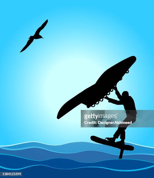 an experienced athlete rides a wingfoil - paddleboarding stock illustrations
