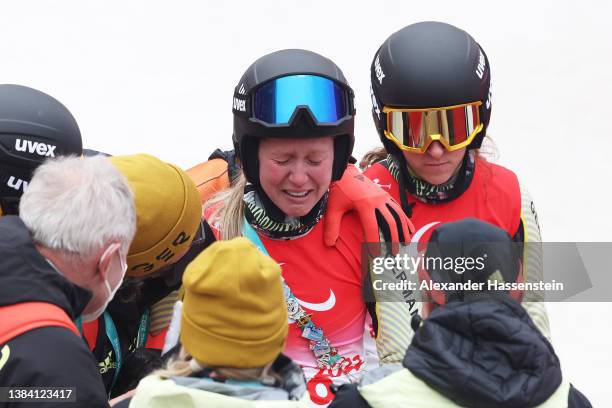 Andrea Rothfuss of Team Germany reacts after winning the bronze medal in the Women's Giant Slalom Standing during day seven of the Beijing 2022...