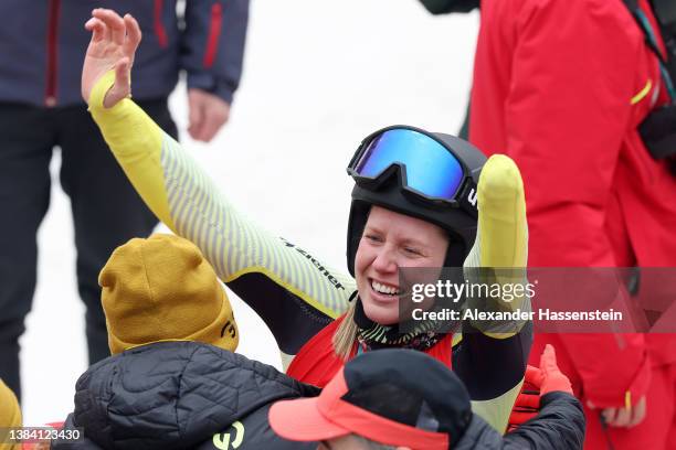 Andrea Rothfuss of Team Germany reacts after winning the bronze medal in the Women's Giant Slalom Standing during day seven of the Beijing 2022...