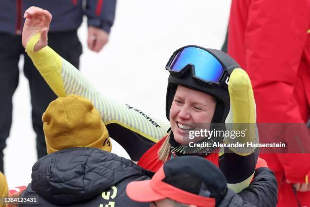 Andrea Rothfuss of Team Germany reacts after winning the bronze medal in the Women's Giant Slalom Standing during day seven of the Beijing 2022...