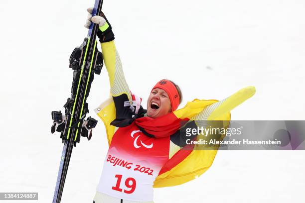 Bronze medallist Andrea Rothfuss of Team Germany reacts after competing in the Women's Giant Slalom Standing during day seven of the Beijing 2022...
