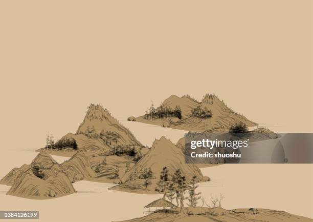 stockillustraties, clipart, cartoons en iconen met color traditional chinese landscape painting illustration,mountain water trees - chinese landscape painting