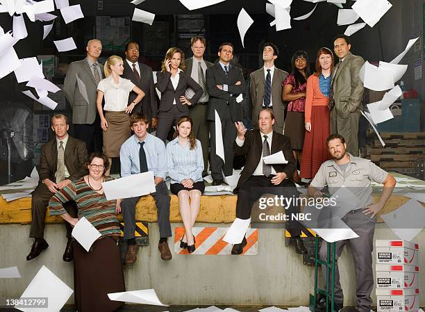 Season 3 -- Pictured: Front Row: Paul Lieberstein as Toby Flenderson, Phyllis Smith as Phyllis Lapin, John Krasinski as Jim Halpert, Jenna Fischer as...