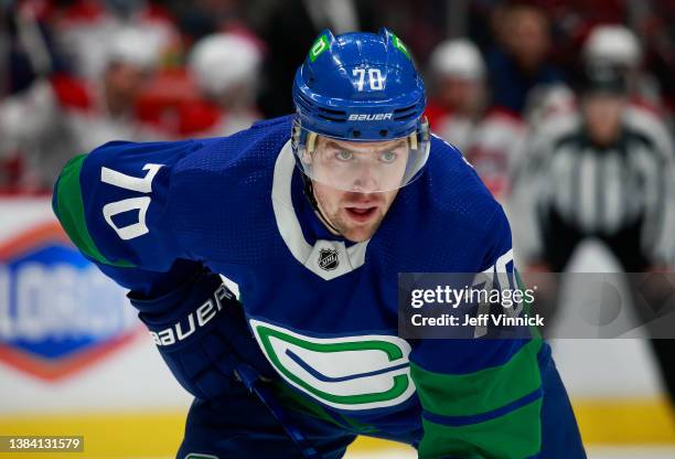 Tanner Pearson of the Vancouver Canucks waits for a face-off during their NHL game against the Montreal Canadiens at Rogers Arena March 9, 2022 in...