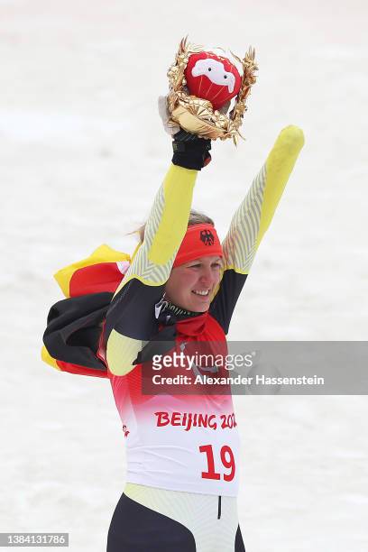 Bronze medallist Andrea Rothfuss of Team Germany reacts after competing in the Women's Giant Slalom Standing during day seven of the Beijing 2022...