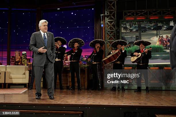 Air Date -- Episode 3757 -- Pictured: Host Jay Leno onstage with a mariachi band in celebration of Cinco de Mayo on May 5, 2009