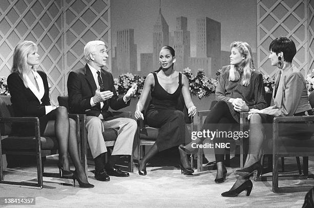 Episode 13 -- Pictured: Kim Alexis, Leslie Nielsen as Herb LaCrue, Beverly Johnson, Cheryl Tiegs, Nora Dunn as Pat Stevens during the 'The Pat...