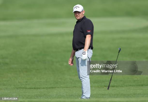 David Drysdale of Scotland reacts to his chip shot on the 12th hole during day two of the MyGolfLife Open hosted by Pecanwood at Pecanwood Golf &...