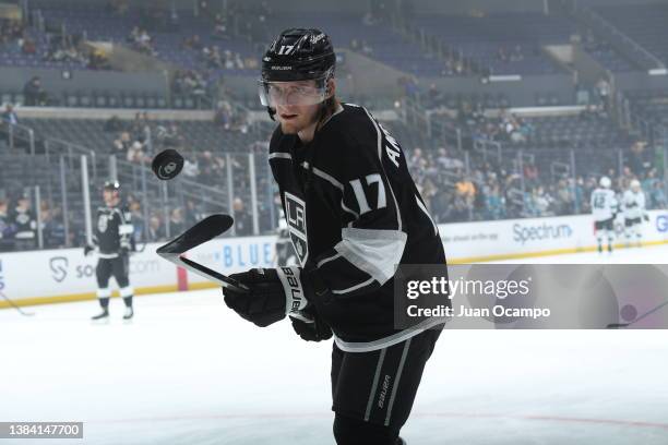 Lias Andersson of the Los Angeles Kings skates the ice before the game against the San Jose Sharks at Crypto.com Arena on March 10, 2022 in Los...