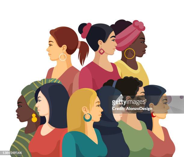 multi-ethnic group of women. femininity concept. - beautiful romanian women stock illustrations
