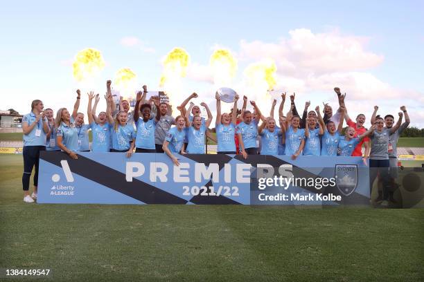 The Sydney FC team celebrates with the Premiers Plate during a presentation ceremony before the A-League Womens match between Sydney FC and Melbourne...