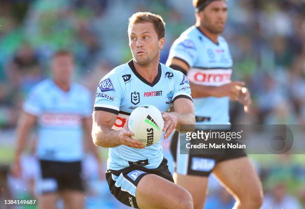 Matt Moylan of the Sharks in action during the round one NRL match between the Canberra Raiders and the Cronulla Sharks at GIO Stadium, on March 11...