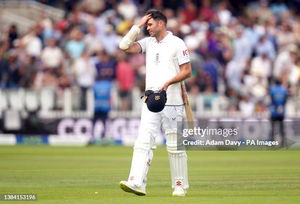 England's James Anderson looks frustrated after seeing Australia win the match following day five of the second Ashes test match at Lord's, London....