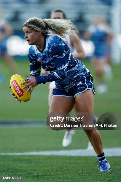 Georgie Prespakis of Geelong runs with the ball during the round 10 AFLW match between the Geelong Cats and the Greater Western Sydney Giants at...