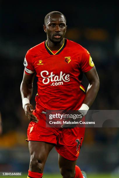 Moussa Sissoko of Watford looks on during the Premier League match between Wolverhampton Wanderers and Watford at Molineux on March 10, 2022 in...