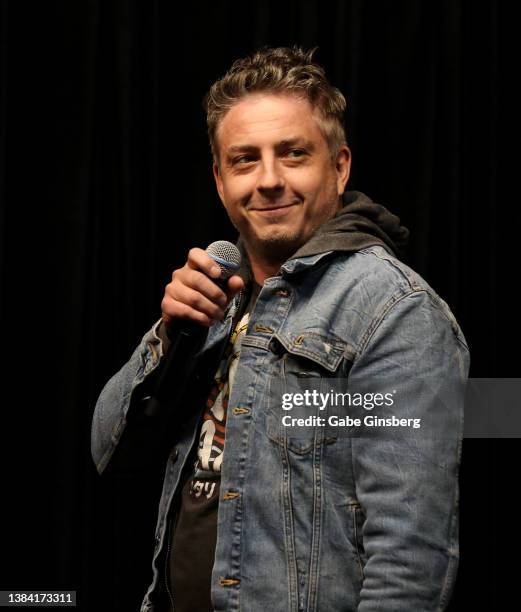 Comedian Ryan Belleville performs during a kick-off fundraising event for St Baldrick's Foundation, which fundraises for childhood cancer, at Brad...