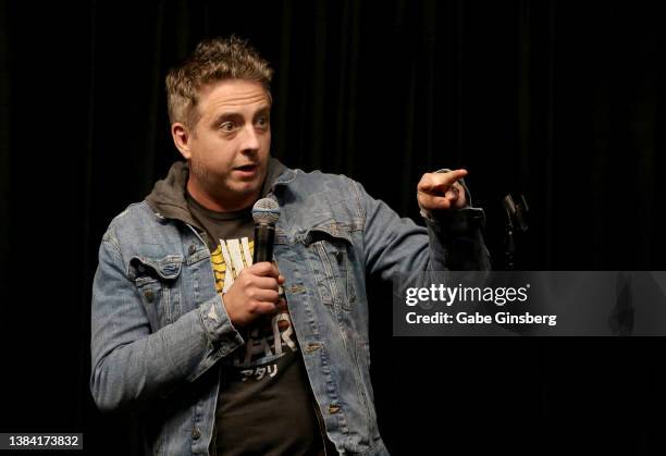 Comedian Ryan Belleville performs during a kick-off fundraising event for St Baldrick's Foundation, which fundraises for childhood cancer, at Brad...