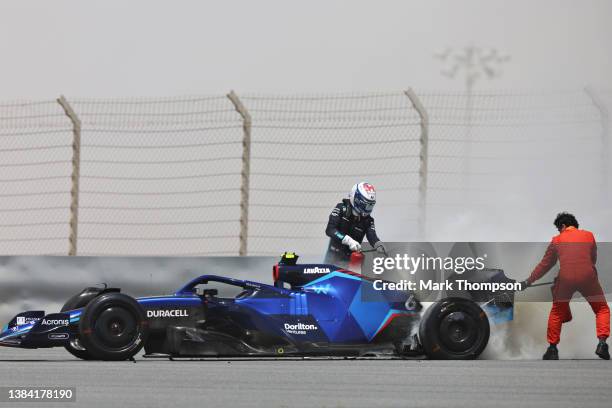 Nicholas Latifi of Canada and Williams uses a fire extinguisher on his car after stopping on track during Day Two of F1 Testing at Bahrain...