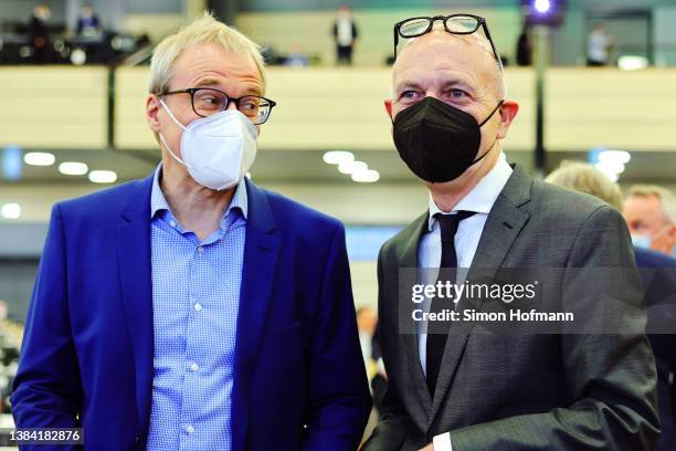 Presidential candidates Peter Peters and Bernd Neuendorf stand together during the 44th Ordinary DFB-Bundestag at World Conference Center Bonn on...