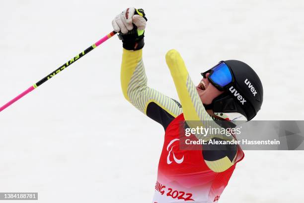 Andrea Rothfuss of Team Germany reacts after competing in the Women's Giant Slalom Standing during day seven of the Beijing 2022 Winter Paralympics...