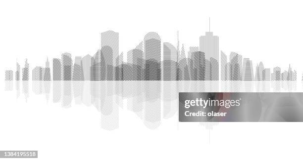 cityscape of striped skyscrapers, with reflection - two dimensional shape stock illustrations