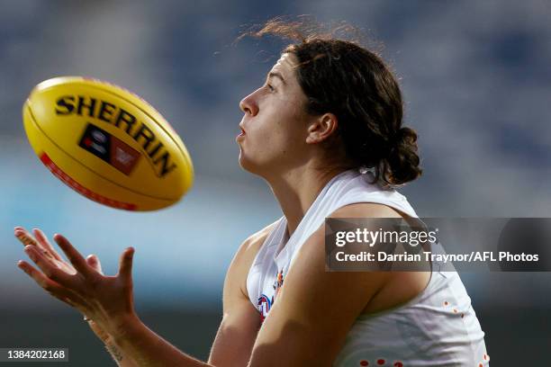 Rebecca Privitelli of the Giants marks the ball during the round 10 AFLW match between the Geelong Cats and the Greater Western Sydney Giants at...