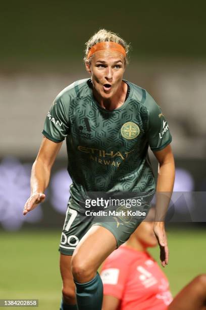 Hannah Wilkinson of Melbourne City celebrates scoring a goal during the A-League Womens match between Sydney FC and Melbourne City at Netstrata...