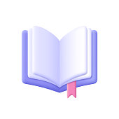 Open book, diary with white paper blank pages and bookmark. 3d vector icon. Cartoon minimal style.