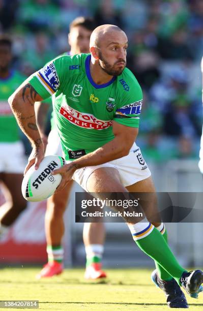 Josh Hodgson of the Raiders in action during the round one NRL match between the Canberra Raiders and the Cronulla Sharks at GIO Stadium, on March 11...