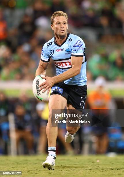 Matt Moylan of the Sharks in action during the round one NRL match between the Canberra Raiders and the Cronulla Sharks at GIO Stadium, on March 11...
