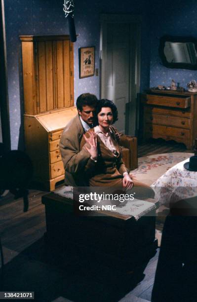 Episode 12 -- Pictured: Ted Danson as Lee, Nora Dunn as Jenny during the 'Going to England' skit on February 11, 1989